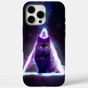 Coque iPhone 16 Pro Max Chat noir dans un triangle hipster néon bleu