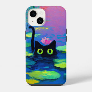 Coque Pour iPhone 14 Chat noir drôle nageant dans l'étang Art insolit