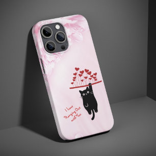 Coque iPhone 15 Pro Chat Noir Drôle qui se Pendre la Saint-Valentin