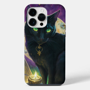 COQUE POUR POUR iPhone 14 PRO MAX CHAT NOIR EFFRAYANT AVEC DES YEUX VERTS ET BOUGIE