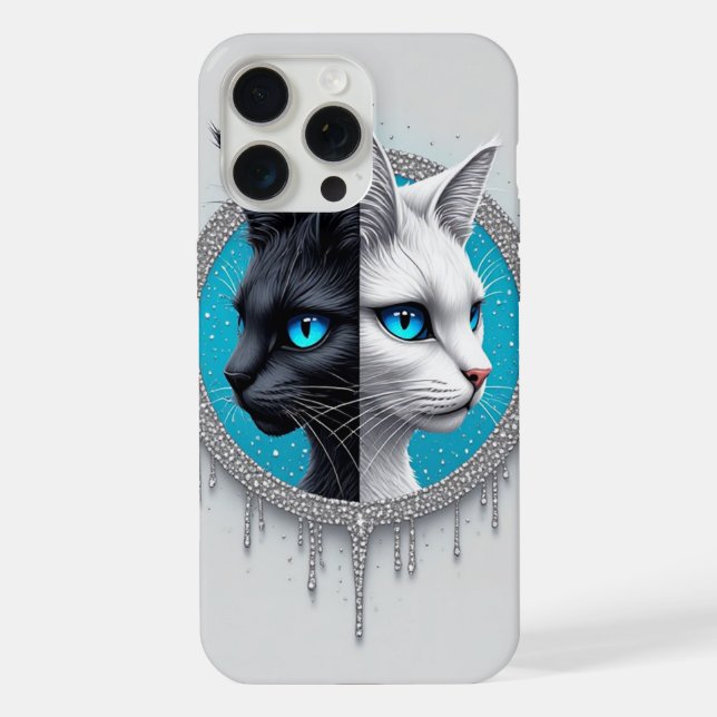 Coque iPhone Chat noir et blanc en portrait divisé avec des yeu (Verso)