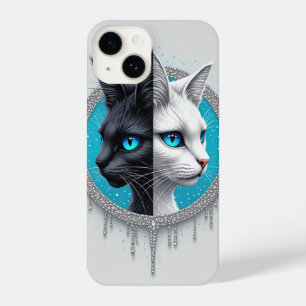 Coque Pour iPhone 14 Chat noir et blanc portrait partagé avec des yeux 