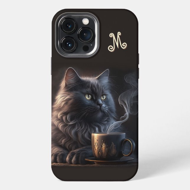 Coque iPhone Chat noir et café avec monogramme (Verso)