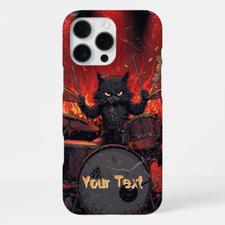 Coque iPhone 16 Pro Max Chat Noir Furieux Jouant de la Batterie Batterie F