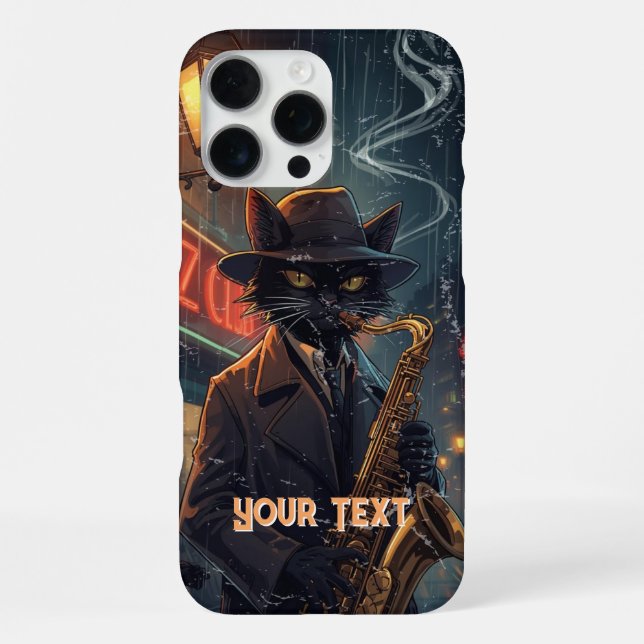 Coque iPhone Chat Noir Jouant du Saxophone Saxophoniste En Colè (Verso)