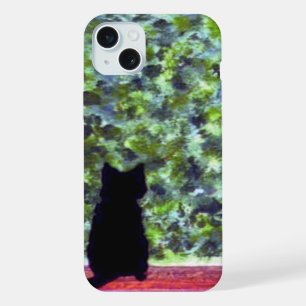 Coque iPhone 15 Plus Chat Noir Observation d'Oiseaux Peinture Joli Chat