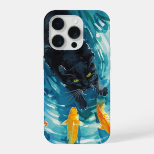 Coque iPhone 15 Pro Chat noir & poissons rouges