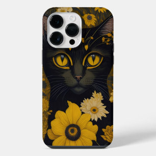 Coque Pour Pour iPhone 14 Pro Max Chat Noir Yeux Jaunes Fleurs Vintage