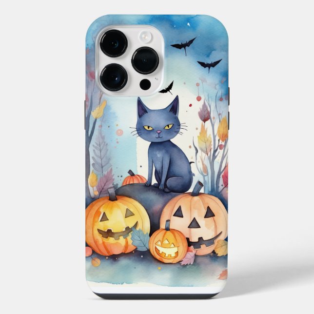 Coque iPhone Chat Oriental Bleu Halloween avec des citrouilles  (Verso)