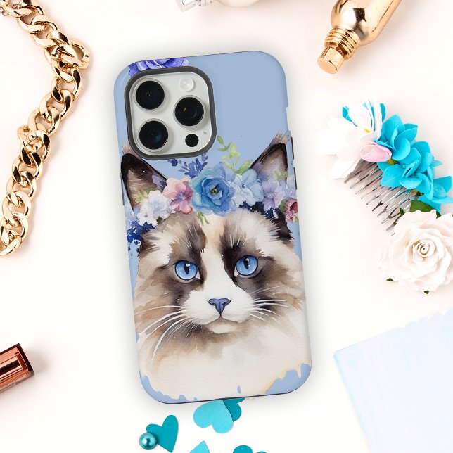 Coque iPhone Chat Persan Fleur Bleue (Créateur téléchargé)