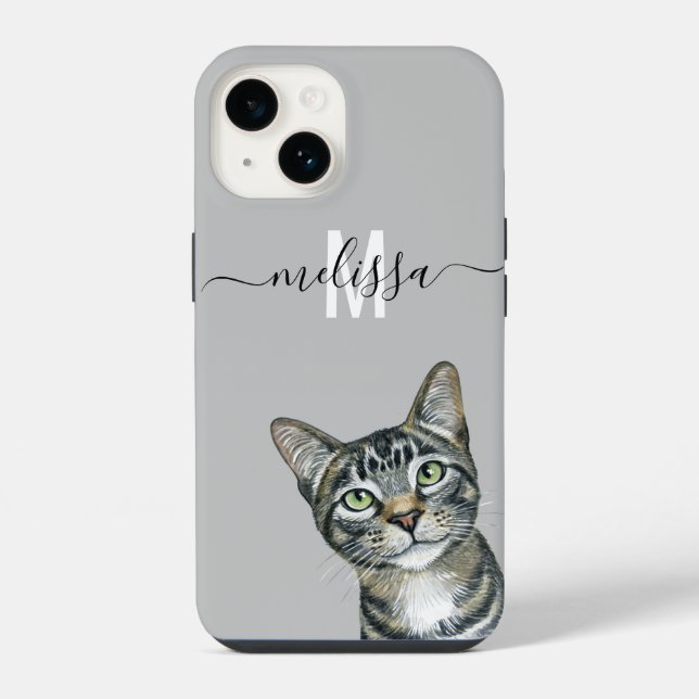 Coque iPhone Chat qui regarde discrètement Monogramme Nom  (Verso)
