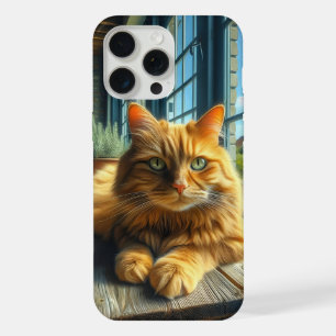 Coque iPhone 15 Pro Max Chat roux se prélassant sur une table près d'une f