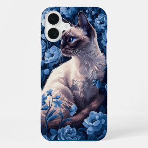 Coque iPhone 16 Plus Chat siamois dans des fleurs bleues