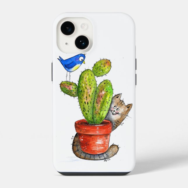 Coque iPhone Chat Sournois Fantaisiste avec Cactus (Verso)