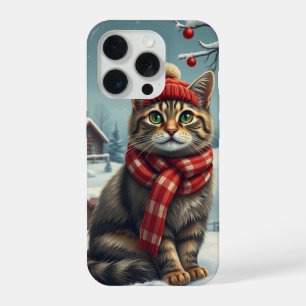 Coque iPhone 15 Pro Chat tigré en tenue preppy d'hiver et chapeau