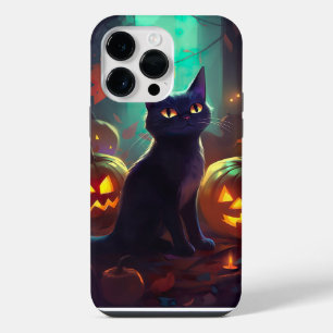 Coque Pour Pour iPhone 14 Pro Max Chat Tuxedo d'Halloween avec citrouilles effrayant