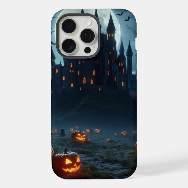 Coque iPhone Château sombre, médiéval, chauves-souris & citroui (Verso)