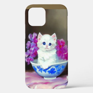 Coque iPhone 12 Chaton Blanc Vintage avec Fleurs Roses