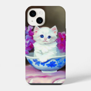 Coque Pour iPhone 14 Chaton Blanc Vintage avec Fleurs Roses