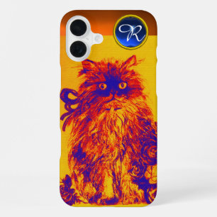 Coque iPhone 16 Plus CHATON, CHAT JAUNE ROSES BLEUES Monogramme Gemme