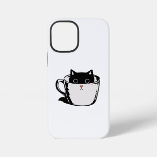 Coque iPhone 12 Mini Chaton noir avec nez rouge caché dans une tasse
