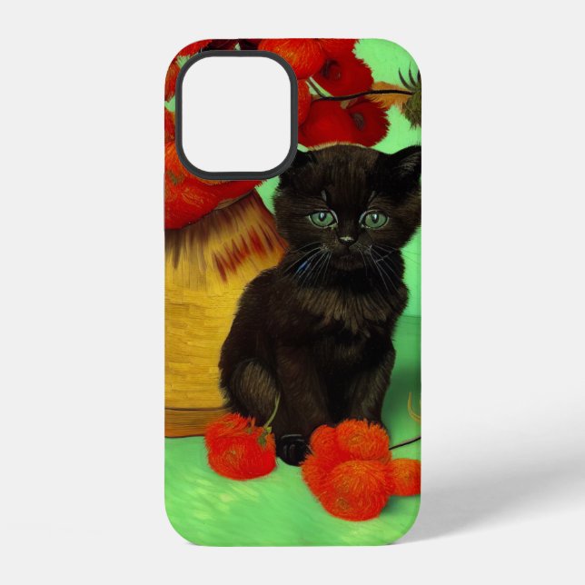 Coque iPhone Chaton noir de Van Gogh Fleurs rouges (Verso)