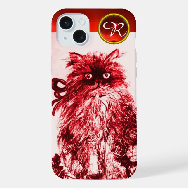 Coque iPhone CHATON - PETIT CHAT AVEC ROSES ROUGES Monogramme e (Verso)