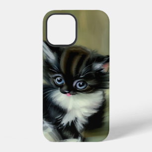 Coque iPhone 12 Chaton vintage noir et blanc tirant la langue