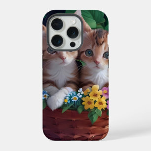 Coque iPhone 15 Pro Chatons Mignons et Câlins dans un Panier de Fleurs