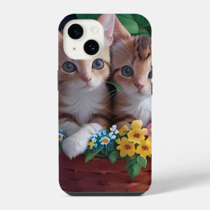 Coque Pour iPhone 14 Chatons mignons et câlins dans un panier de fleurs