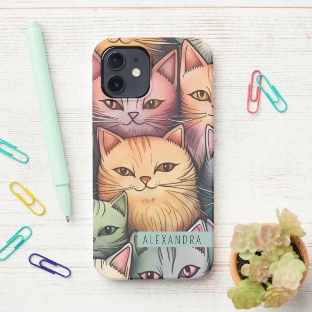 Coque iPhone Chats colorés Doodle lunatique (Sur le bureau)