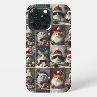 Etui iPhone 13 Pro chats de Noël mignons animaux d'hiver rustique