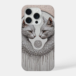 Coque iPhone 15 Pro Chats Doubles Argent ✨ Visages Symétriques Élégant