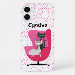 Coque iPhone 16 Plus Chats élégants du milieu du siècle Chaise rose Poi