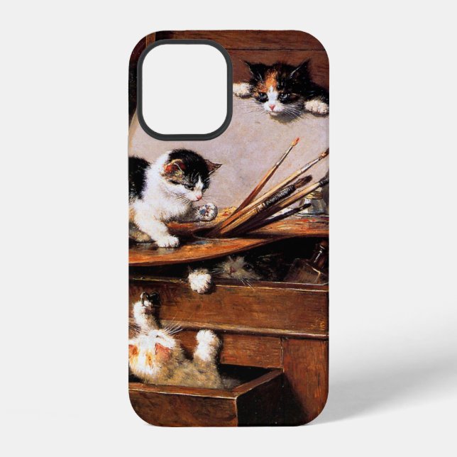 Coque iPhone Chatte et chatons sur une table (Verso)