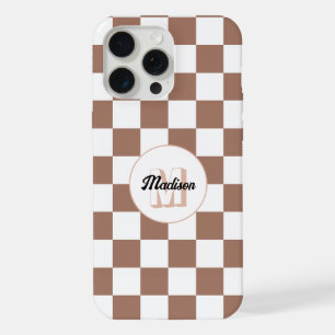 Coque iPhone 15 Pro Max Chèque carré mocha brun blanc rétro Monogramme