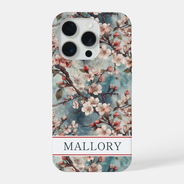 Coque iPhone Cherry Blossoms Teal Sakura Print Monogrammed (Verso)