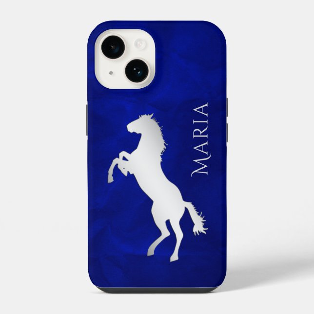 Coque iPhone Cheval argenté bleu vif (Verso)