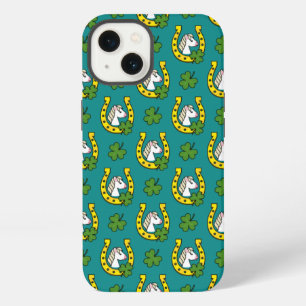 Etui iPhone 13 Cheval blanc avec fer à cheval doré, motif trèfle