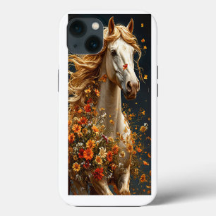 Etui iPhone 13 Cheval blanc orné de fleurs d'automne vibrantes
