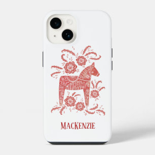 Coque Pour iPhone 14 Cheval de Dala suédois rouge et blanc personnalisé