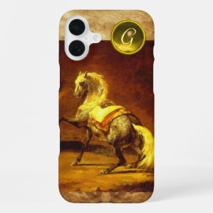 COQUE iPhone 16 PLUS CHEVAL GRIS TACHETÉ MONOGRAMME