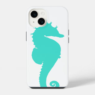 Coque Pour iPhone 14 Cheval Marin Turquoise sur Fond Blanc