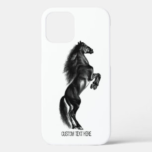 Coque iPhone 12 Pro Cheval Sauvage Noir Droit - Dessin Noir et Blanc