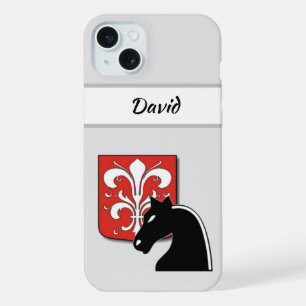 Coque iPhone 15 Plus Chevalier Rouge et Noir Masculin et Bouclier