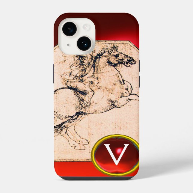 Coque iPhone Chevalier sur un cheval cabré monogramme rubis rou (Verso)