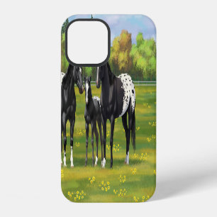 Coque iPhone 12 Chevaux Appaloosa Noirs En Pâturage D'été