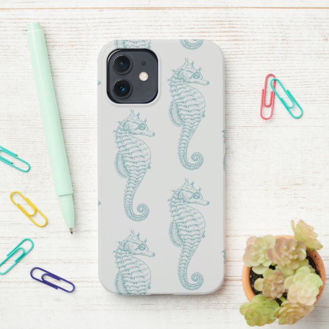 Coque iPhone Chevaux de mer tropicaux, Motif hippocampe - gris  (Sur le bureau)