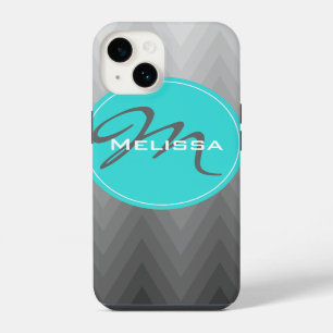 Coque Pour iPhone 14 Chevron gray ombre motif Turquoise Monogramme Nom