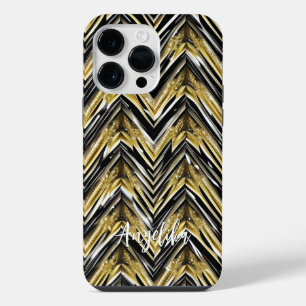 Coque Pour Pour iPhone 14 Pro Max Chevron Noir et Or Nom personnalisé